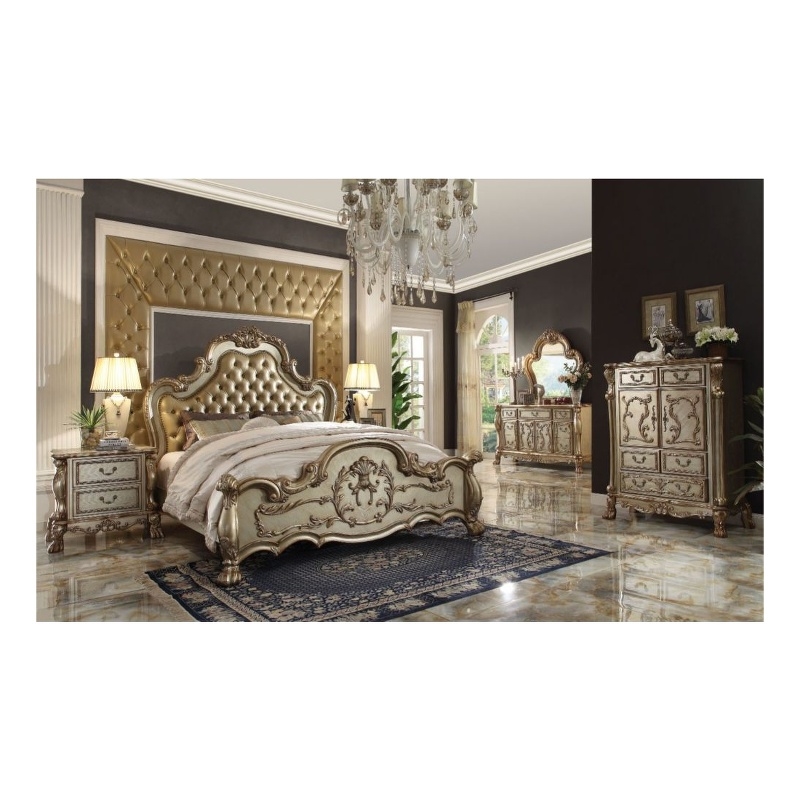 Bowery Hill Eastern King Bed in Bone Synthetic Leather and Gold Patina