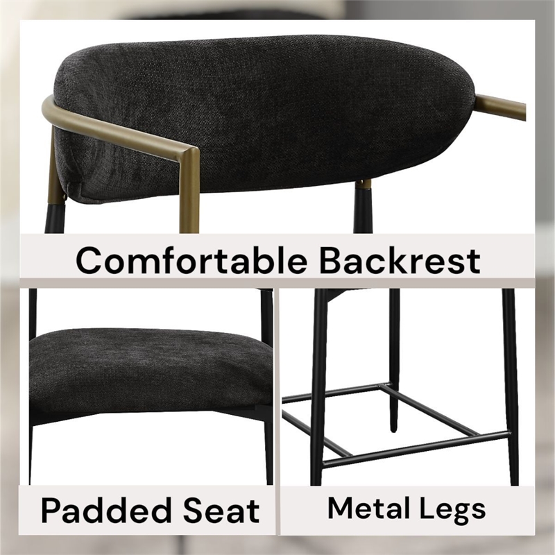 Bowery Hill Fabric Counter Height Chair Set of 2 in Black and Gold