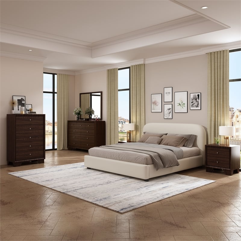 Bowery Hill Full Upholstered Fabric Bed in Beige with Low Profile