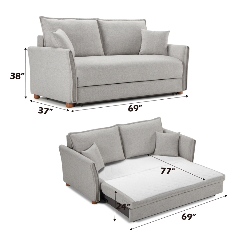 Bowery Hill Chenille Upholstered Sofa with Sleeper and 2 Pillows in Gray