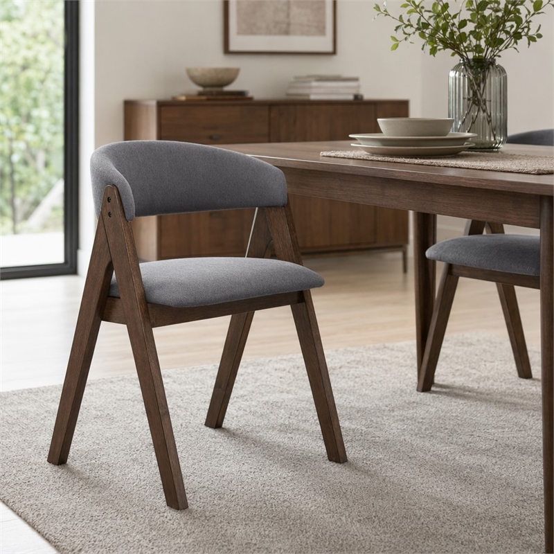 Bowery Hill Wood and Fabric Side Chairs in Walnut and Gray (Set of 2)