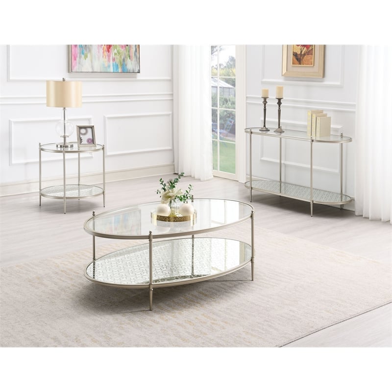 Bowery Hill Metal and Tempered Glass Oval Coffee Table in Silver