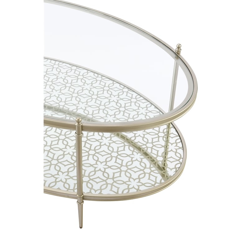 Bowery Hill Metal and Tempered Glass Oval Coffee Table in Silver