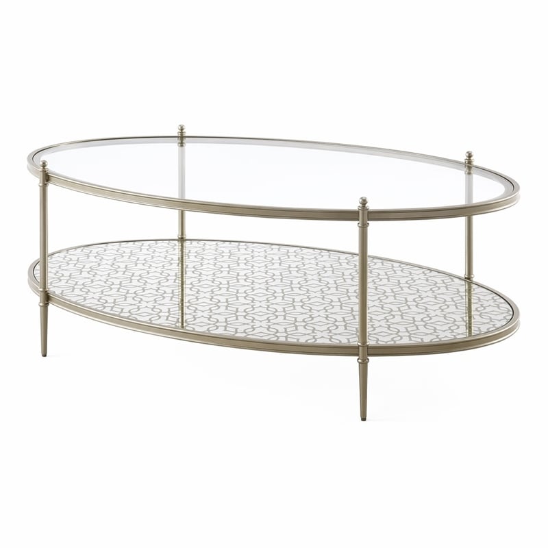 Bowery Hill Metal and Tempered Glass Oval Coffee Table in Silver