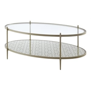 Bowery Hill Metal and Tempered Glass Oval Coffee Table in Silver