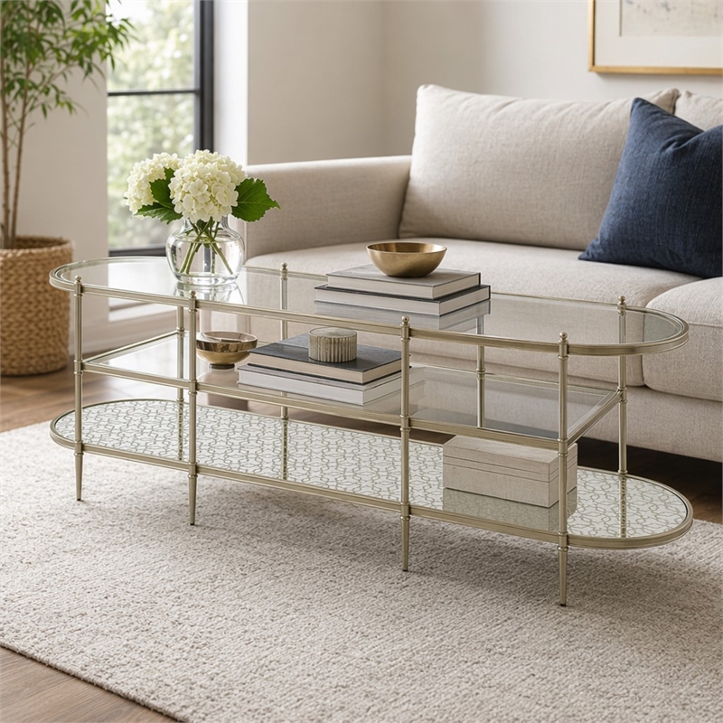 Bowery Hill Oval Metal TV Stand with Tempered Glass Shelves in Silver Clear