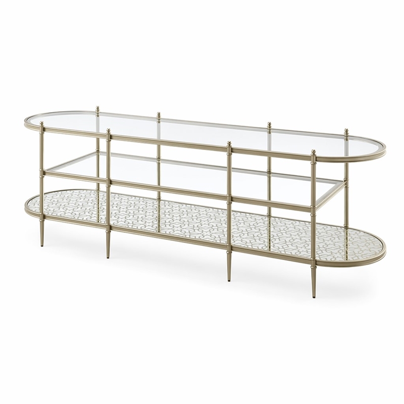 Bowery Hill Oval Metal TV Stand with Tempered Glass Shelves in Silver Clear