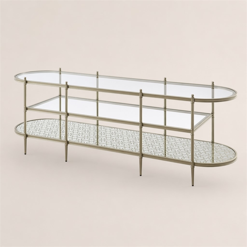 Bowery Hill Oval Metal TV Stand with Tempered Glass Shelves in Silver Clear