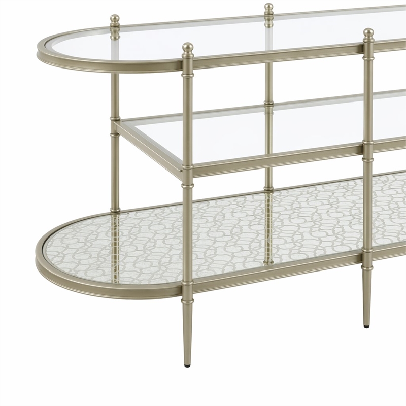 Bowery Hill Oval Metal TV Stand with Tempered Glass Shelves in Silver Clear