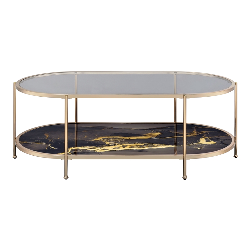 Bowery Hill Coffee Table with Tempered Glass Top and Black Marble Shelf