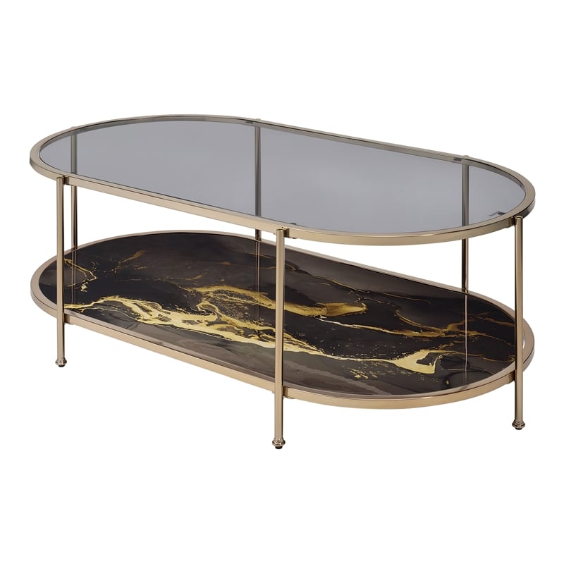Bowery Hill Coffee Table with Tempered Glass Top and Black Marble Shelf