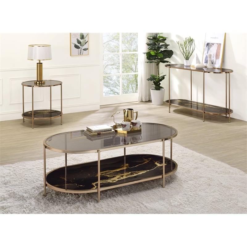 Bowery Hill Coffee Table with Tempered Glass Top and Black Marble Shelf