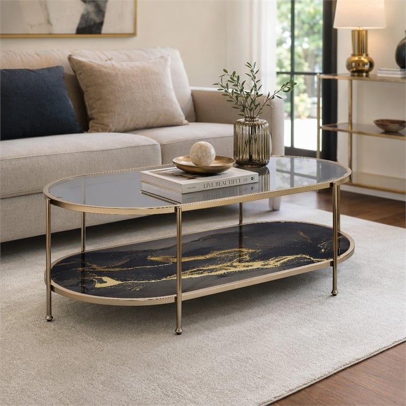 Bowery Hill Coffee Table with Tempered Glass Top and Black Marble Shelf