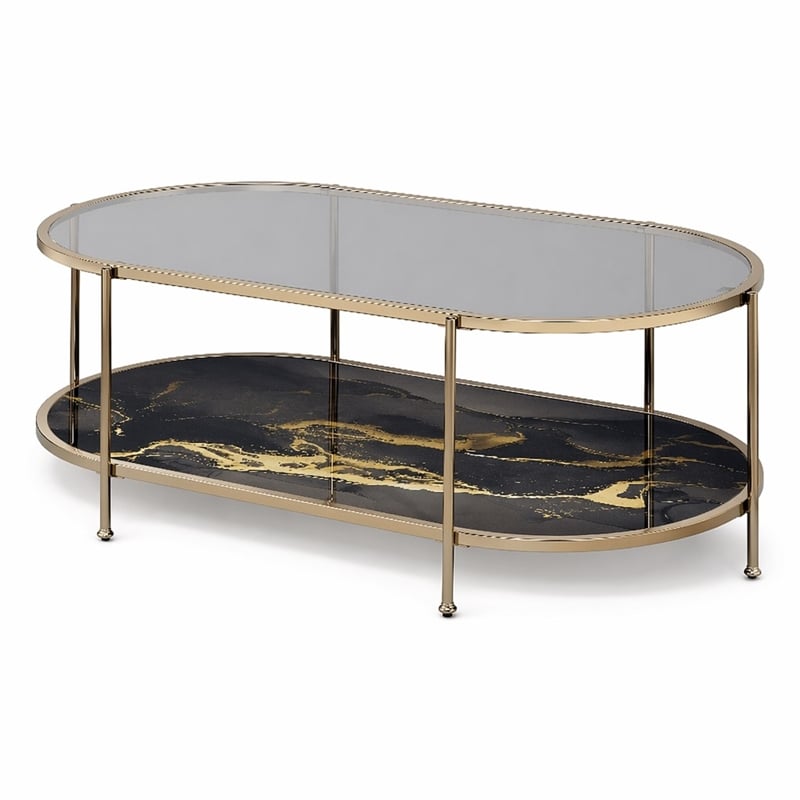 Bowery Hill Coffee Table with Tempered Glass Top and Black Marble Shelf