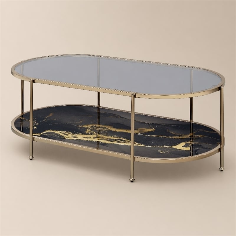 Bowery Hill Coffee Table with Tempered Glass Top and Black Marble Shelf