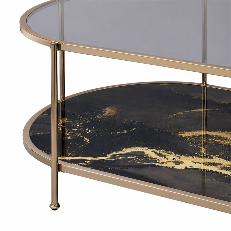 Bowery Hill Coffee Table with Tempered Glass Top and Black Marble Shelf