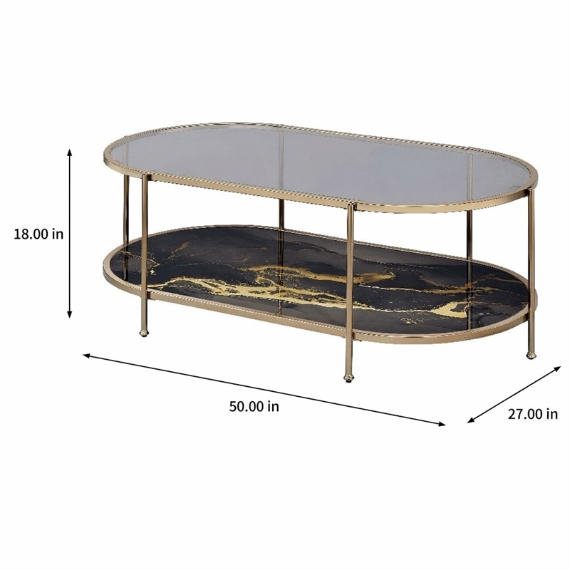Bowery Hill Coffee Table with Tempered Glass Top and Black Marble Shelf