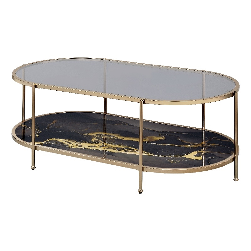 Bowery Hill Coffee Table with Tempered Glass Top and Black Marble Shelf