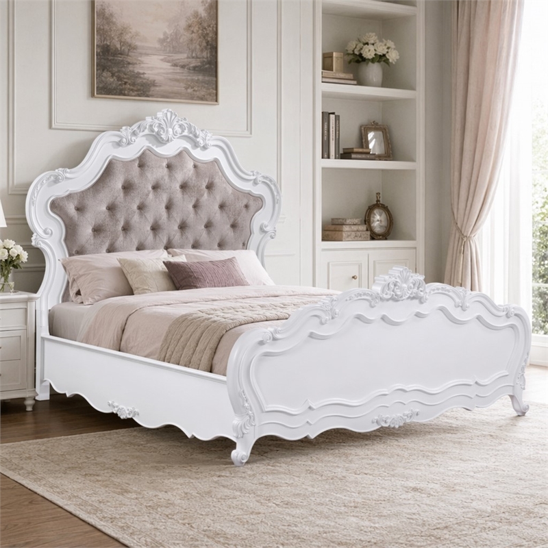 Bowery Hill Eastern King Bed with Fabric Headboard and White Wooden Frame
