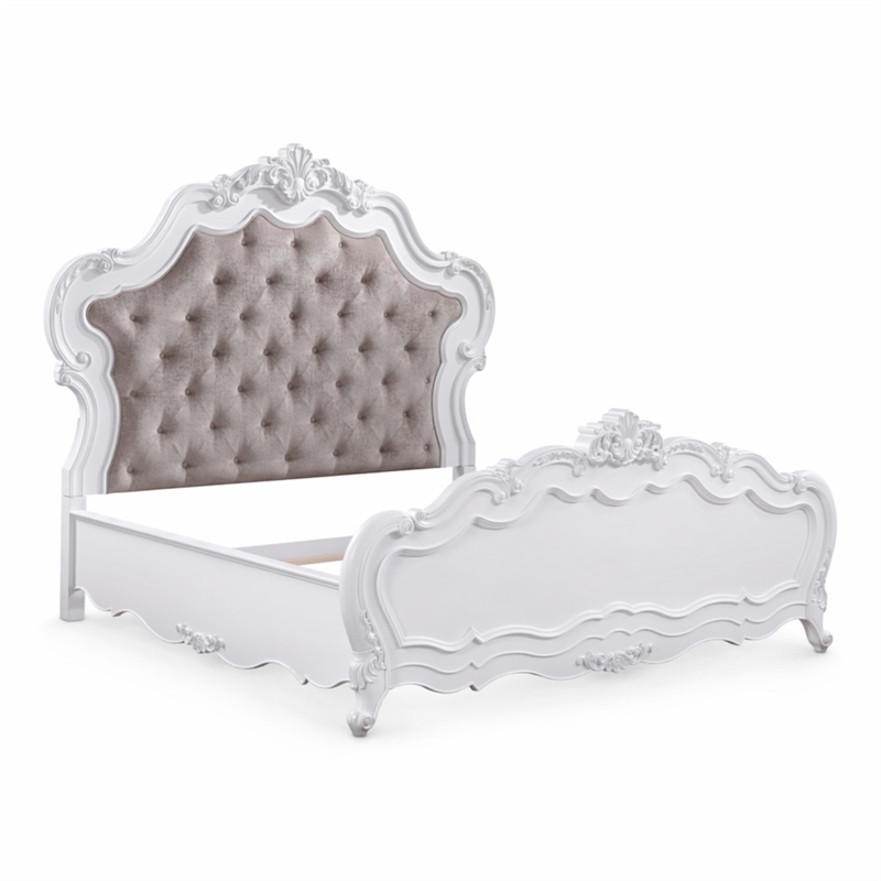 Bowery Hill Eastern King Bed with Fabric Headboard and White Wooden Frame