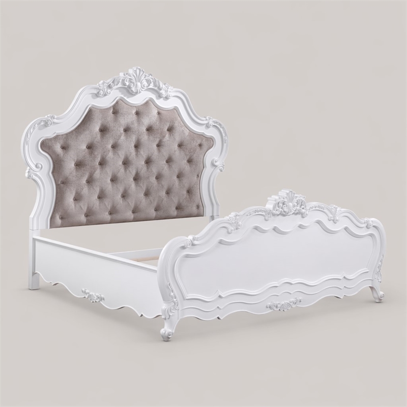 Bowery Hill Eastern King Bed with Fabric Headboard and White Wooden Frame