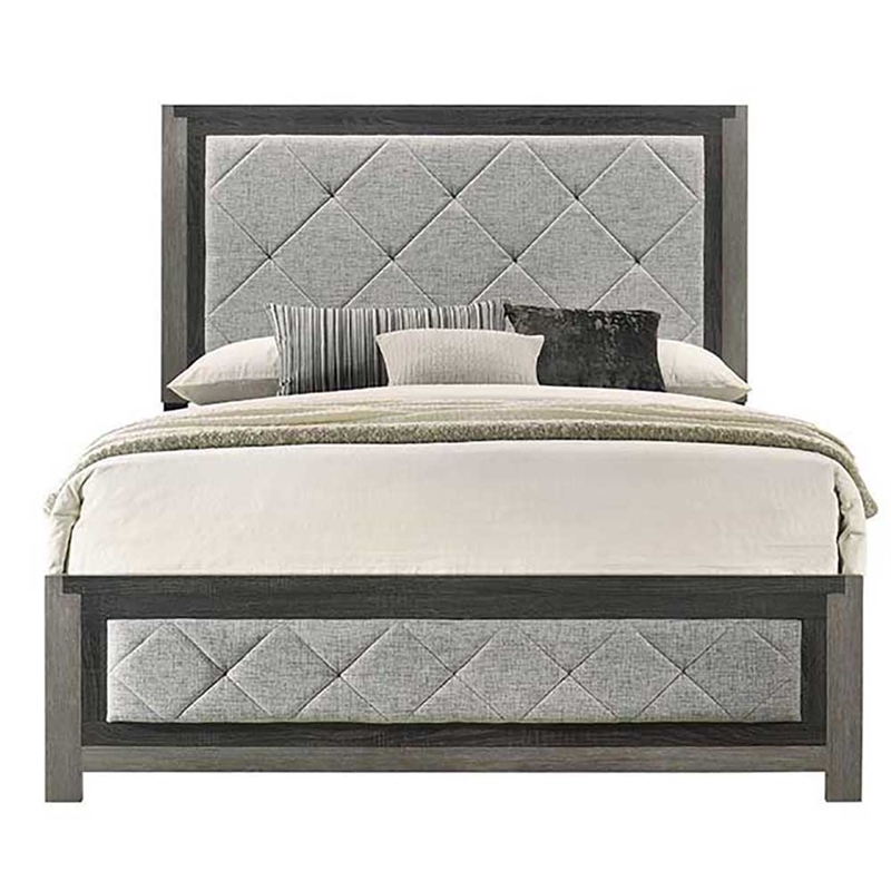 Bowery Hill Eastern King Bed in Gray with Tufted Linen Upholstery