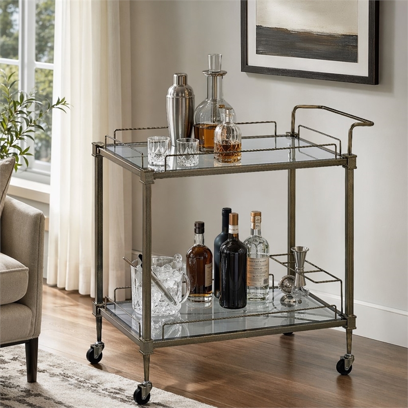 Bowery Hill Contemporary Metal Serving Cart in Antique Brass