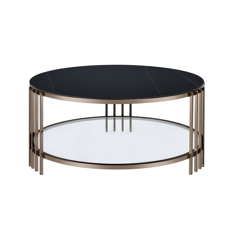 Bowery Hill Round Coffee Table with Stone Top and Metal Frame in Black/Gold