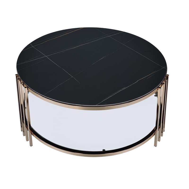 Bowery Hill Round Coffee Table with Stone Top and Metal Frame in Black/Gold