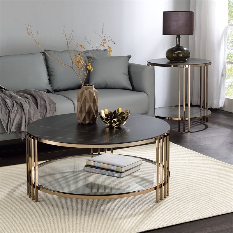 Bowery Hill Round Coffee Table with Stone Top and Metal Frame in Black/Gold