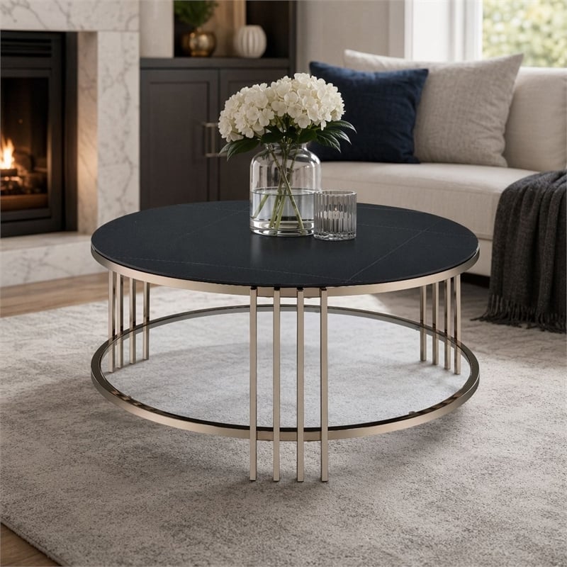 Bowery Hill Round Coffee Table with Stone Top and Metal Frame in Black/Gold