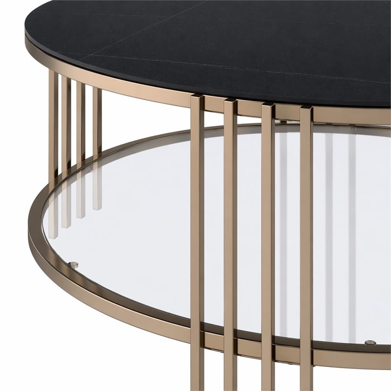 Bowery Hill Round Coffee Table with Stone Top and Metal Frame in Black/Gold