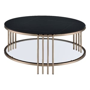 Bowery Hill Round Coffee Table with Stone Top and Metal Frame in Black/Gold
