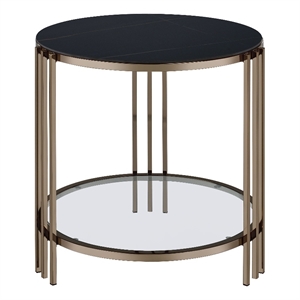 Bowery Hill Round End Table with Stone Top and Metal Frame in Black/Gold