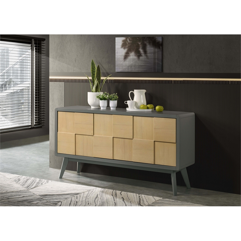 Bowery Hill 3-Door Server in Rubberwood Light Gray and Natural Finish