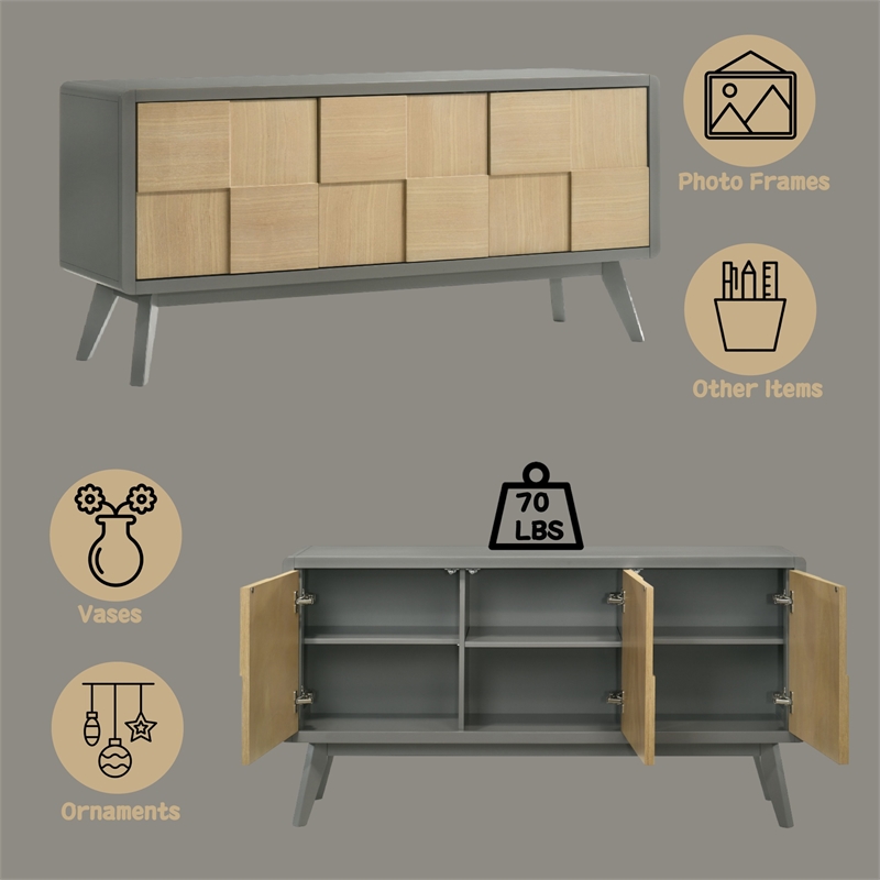 Bowery Hill 3-Door Server in Rubberwood Light Gray and Natural Finish