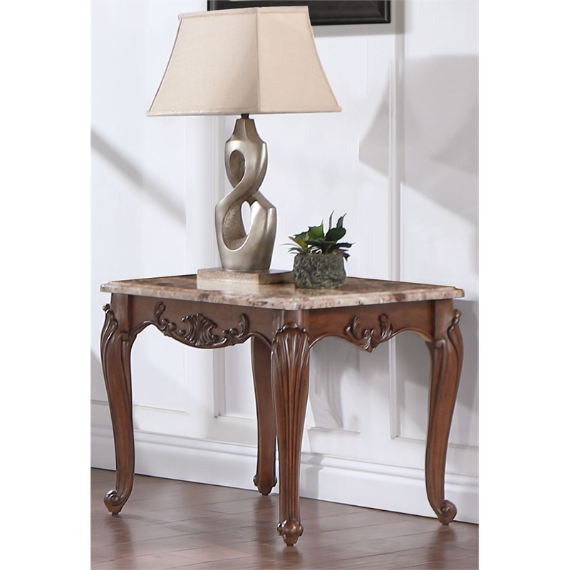 Bowery Hill Marble Rectangular End Table with Floral Legs in Cherry