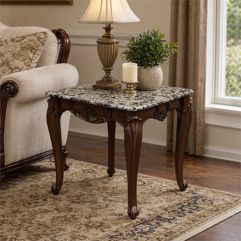 Bowery Hill Marble Rectangular End Table with Floral Legs in Cherry