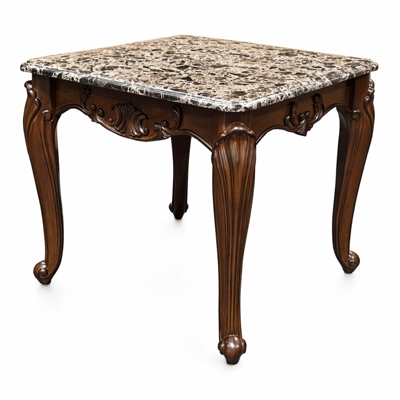Bowery Hill Marble Rectangular End Table with Floral Legs in Cherry