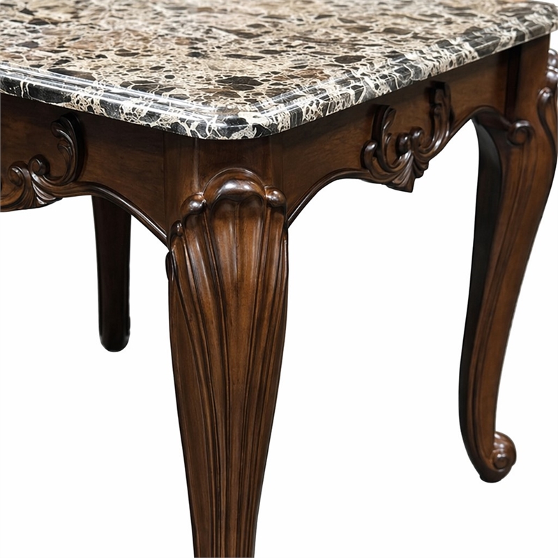 Bowery Hill Marble Rectangular End Table with Floral Legs in Cherry