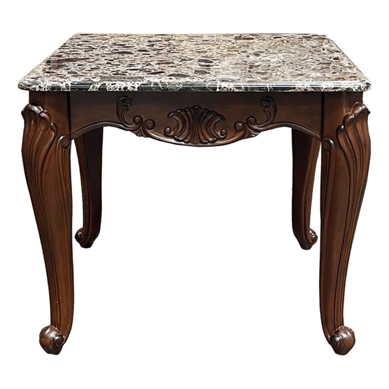 Bowery Hill Marble Rectangular End Table with Floral Legs in Cherry