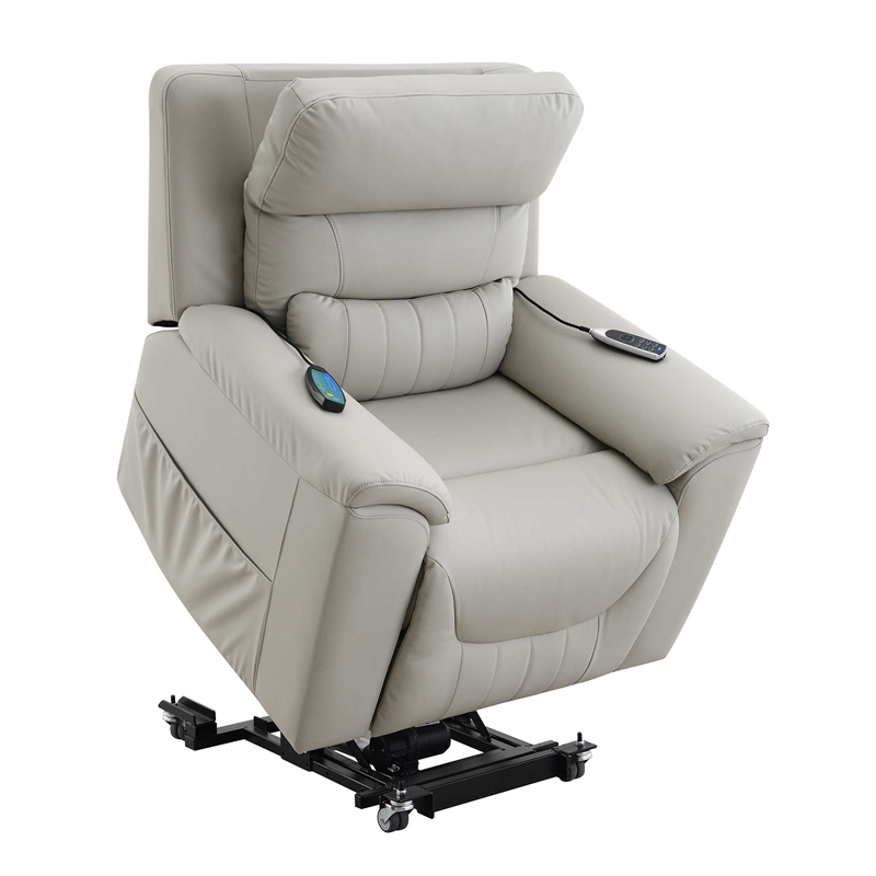 Bowery Hill Faux Leather Power Recliner with Lift and Massage in Light Gray