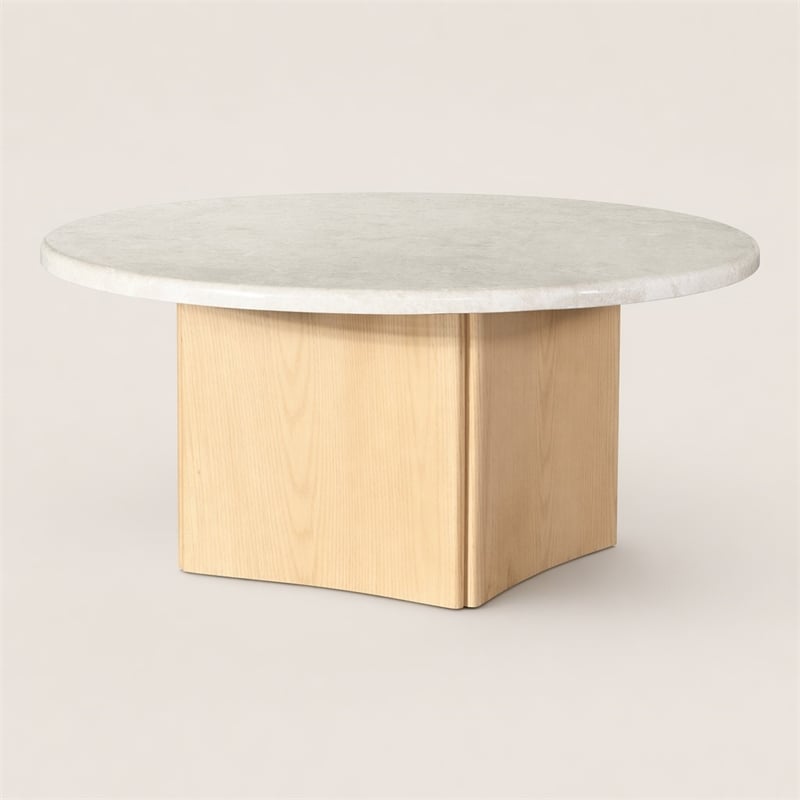 Bowery Hill Marble and Wood Round Coffee Table with Curved Base in Oak