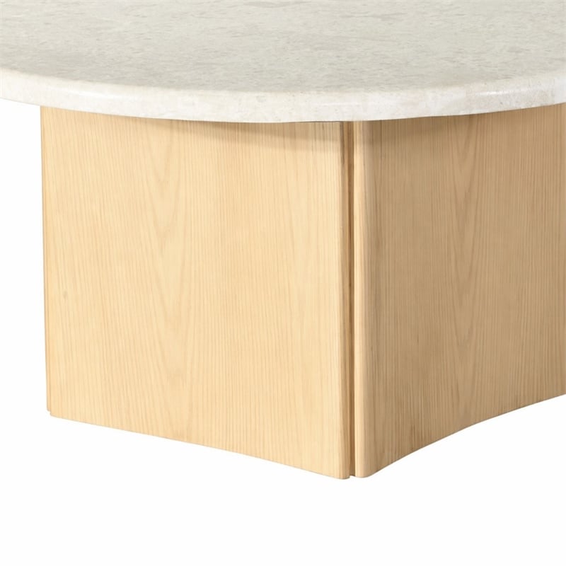 Bowery Hill Marble and Wood Round Coffee Table with Curved Base in Oak