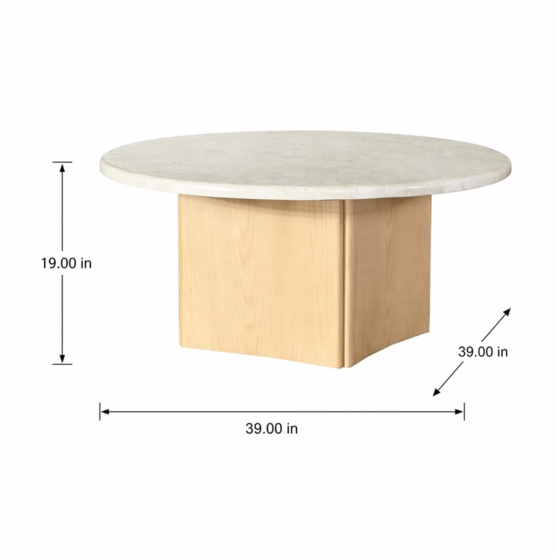 Bowery Hill Marble and Wood Round Coffee Table with Curved Base in Oak