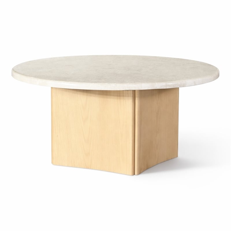 Bowery Hill Marble and Wood Round Coffee Table with Curved Base in Oak