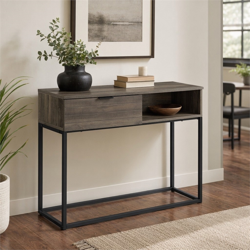 Bowery Hill Engineered Wood Writing Desk in Rustic Oak and Black