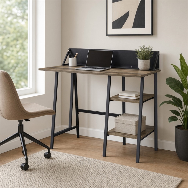 Bowery Hill Engineered Wood Desk with 2 Shelves in Rustic Oak and Black