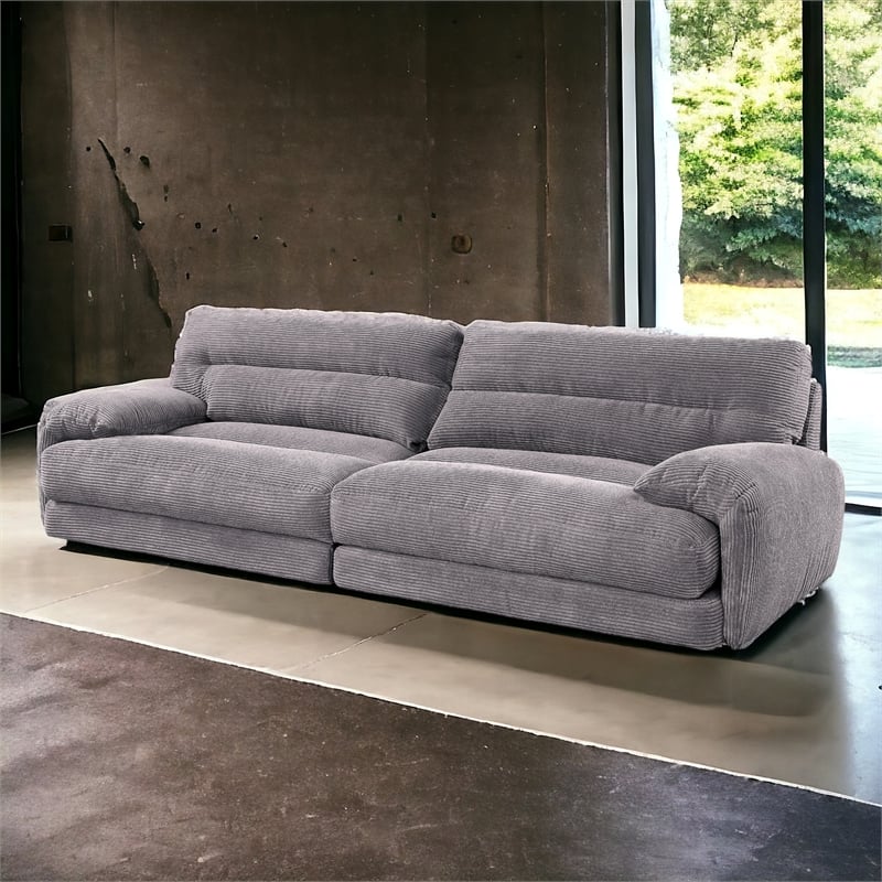 Bowery Hill Gray Corduroy Fabric 3-Seat Sofa with Rolled Armrests
