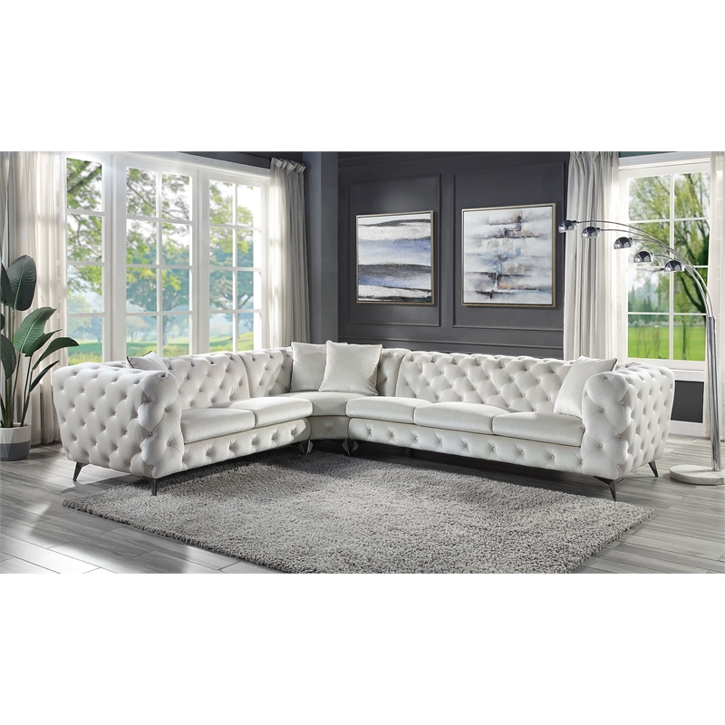 Bowery Hill Upholstered Tufted Sectional Sofa with 4 Pillows in Beige Fabric